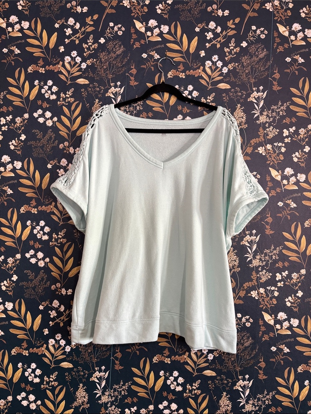 Lane Bryant Mint Green Light V-neck Short Sleeve Top with Lace Shoulder 22/24 2X